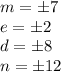 m = \pm7\\e = \pm2\\d = \pm8\\n = \pm12