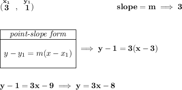 \bf (\stackrel{x_1}{3}~,~\stackrel{y_1}{1})~\hspace{10em} slope = m\implies 3 \\\\\\ \begin{array}{|c|ll} \cline{1-1} \textit{point-slope form}\\ \cline{1-1} \\ y-y_1=m(x-x_1) \\\\ \cline{1-1} \end{array}\implies y-1=3(x-3) \\\\\\ y-1=3x-9\implies y=3x-8