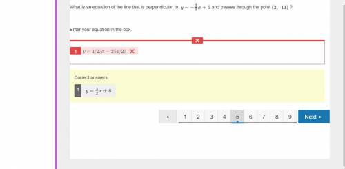 What is an equation of the line that is perpendicular to y=−23x+5 and passes through the point (2, 1