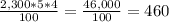 \frac{2,300*5*4}{100} =\frac{46,000}{100} =460