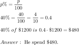 p\%=\dfrac{p}{100}\\\\40\%=\dfrac{40}{100}=\dfrac{4}{10}=0.4\\\\40\%\ of\ \$1200\ is\ 0.4\cdot\$1200=\$480\\\\\ \text{He spend}\ \$480.