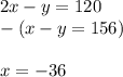 2x-y=120\\-(x-y=156)\\\\x=-36