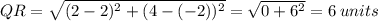 QR=\sqrt{(2-2)^2+(4-(-2))^2}=\sqrt{0+6^2}=6\:units