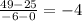 \frac{49-25}{-6-0} =-4