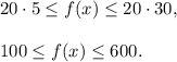 20\cdot 5\le f(x)\le 20\cdot 30,\\ \\100\le f(x)\le 600.