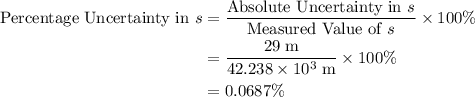 \begin{aligned}\displaystyle \text{Percentage Uncertainty in }s &= \frac{\text{Absolute Uncertainty in } s}{\text{Measured Value of }s}\times 100\% \\ &=\rm\frac{29\; m}{42.238\times 10^{3}\;m}\times 100\%\\ &= 0.0687\%\end{aligned}