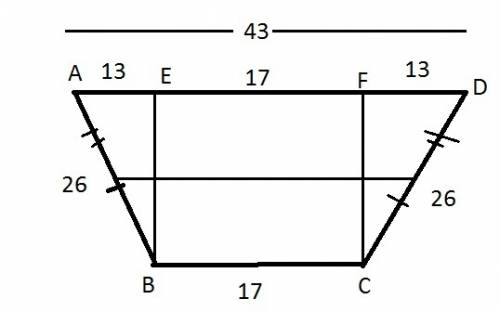 Given:  abcd is a trapezoid, ab=cd, mn is a midsegment, mn=30, bc=17, ab=26 find:  m∠a, m∠b, m∠c, an