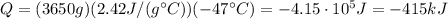 Q=(3650 g)(2.42 J/(g^{\circ}C))(-47^{\circ}C)=-4.15\cdot 10^5 J = -415 kJ