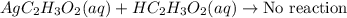 AgC_{2}H_{3}O_{2}(aq) + HC_{2}H_{3}O_{2}(aq) \rightarrow \text{No reaction}