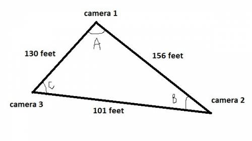 Three security cameras were mounted at the corners of a triangular parking lot. camera 1 was 156 ft