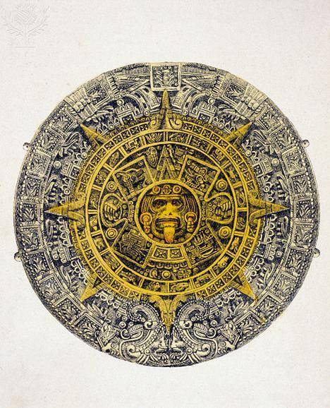 The picture shows an aztec calendar, which is circular. the whole surface is covered with intricate