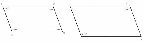 Suppose given parallelograms efgh ∼ ijkl, such that m∠e=70°. find m∠j and m∠l.