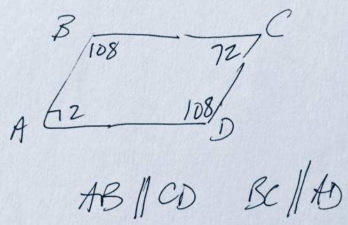 Determine which sides of quadrilateral abcd must be parallel. if angle a is 72 degrees, angle b is 1