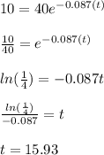 10 = 40 {e}^{ - 0.087(t)}  \\  \\  \frac{10}{40}  =  {e}^{ - 0.087(t)}  \\  \\  ln( \frac{1}{4} )  =  - 0.087t \\  \\  \frac{ ln( \frac{1}{4} ) }{ - 0.087}  = t \\  \\ t = 15.93