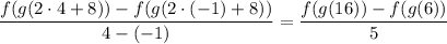 \dfrac{f(g(2\cdot4+8))-f(g(2\cdot(-1)+8))}{4-(-1)}=\dfrac{f(g(16))-f(g(6))}5