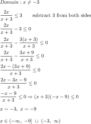 Domain:x\neq-3\\\\\dfrac{2x}{x+3}\leq3\qquad\text{subtract 3 from both sides}\\\\\dfrac{2x}{x+3}-3\leq0\\\\\dfrac{2x}{x+3}-\dfrac{3(x+3)}{x+3}\leq0\\\\\dfrac{2x}{x+3}-\dfrac{3x+9}{x+3}\leq0\\\\\dfrac{2x-(3x+9)}{x+3}\leq0\\\\\dfrac{2x-3x-9}{x+3}\leq0\\\\\dfrac{-x-9}{x+3}\leq0\Rightarrow(x+3)(-x-9)\leq0\\\\x=-3,\ x=-9\\\\x\in(-\infty,\ -9]\ \cup\ (-3,\ \infty)