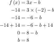 \begin{aligned}f\left( x \right) &= 3x - b\\- 14&= 3 \times \left({ - 2} \right)- b\\- 14&= - 6 - b\\ - 14 + 14&=- 6 - b + 14\\0&= 8 - b\\ b &= 8 \\\end{aligned}