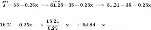 \bf \stackrel{\textit{cost}}{y}=35+0.25x\implies \stackrel{\textit{cost}}{51.25}=35+0.25x\implies 51.21-35=0.25x&#10;\\\\\\&#10;16.21=0.25x\implies \cfrac{16.21}{0.25}=x\implies 64.84=x