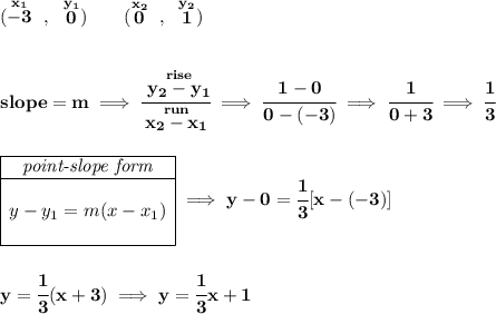 \bf (\stackrel{x_1}{-3}~,~\stackrel{y_1}{0})\qquad (\stackrel{x_2}{0}~,~\stackrel{y_2}{1}) \\\\\\ slope = m\implies \cfrac{\stackrel{rise}{ y_2- y_1}}{\stackrel{run}{ x_2- x_1}}\implies \cfrac{1-0}{0-(-3)}\implies \cfrac{1}{0+3}\implies \cfrac{1}{3} \\\\\\ \begin{array}{|c|ll} \cline{1-1} \textit{point-slope form}\\ \cline{1-1} \\ y-y_1=m(x-x_1) \\\\ \cline{1-1} \end{array}\implies y-0=\cfrac{1}{3}[x-(-3)] \\\\\\ y=\cfrac{1}{3}(x+3)\implies y=\cfrac{1}{3}x+1