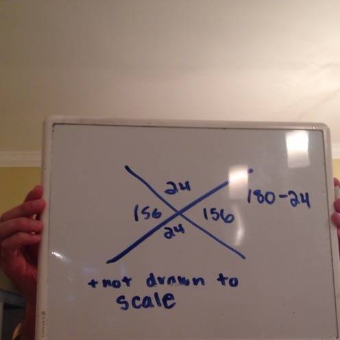 Two lines intersect to form 4 angels one measures 24 degrees what would the other 3 be