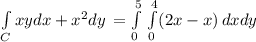 \int\limits_C {xydx+x^2dy} \,=\int\limits^5_0 \, \int\limits^4_0 ({2x-x }) \, dxdy