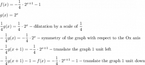 f(x)=-\dfrac{1}{4}\cdot2^{x+1}-1\\\\g(x)=2^x\\\\\dfrac{1}{4}g(x)=\dfrac{1}{4}\cdot2^x-\text{dilatation by a scale of}\ \dfrac{1}{4}\\\\-\dfrac{1}{4}g(x)=-\dfrac{1}{4}\cdot2^x-\text{symmetry of the graph with respect to the Ox axis}\\\\-\dfrac{1}{4}g(x+1)=-\dfrac{1}{4}\cdot2^{x+1}-\text{translate the graph 1 unit left}\\\\-\dfrac{1}{4}g(x+1)-1=f(x)=-\dfrac{1}{4}\cdot2^{x+1}-1-\text{translate the graph 1 unit down}