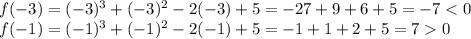 f(-3) = (-3)^3 + (-3)^2 -2(-3) + 5 = -27 + 9 +6 + 5 = -7 < 0\\f(-1) = (-1)^3 + (-1)^2 -2 (-1) + 5 = -1 + 1 +2 + 5 = 7 0