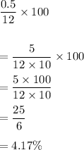 \dfrac{0.5}{12}\times 100\\\\\\=\dfrac{5}{12\times 10}\times 100\\\\=\dfrac{5\times 100}{12\times 10}\\\\=\dfrac{25}{6}\\\\=4.17\%