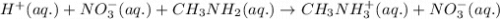 H^+(aq.)+NO_3^-(aq.)+CH_3NH_2(aq.)\rightarrow CH_3NH_3^+(aq.)+NO_3^-(aq.)