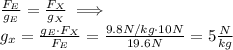 \frac{F_E}{g_E}=\frac{F_X}{g_X} \implies\\g_x = \frac{g_E\cdot F_X}{F_E}=\frac{9.8 N/kg \cdot 10 N }{19.6N}=5 \frac{N}{kg}