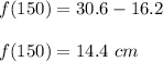 f(150)=30.6-16.2\\\\f(150)=14.4\ cm