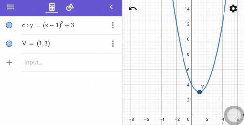 Graph the function. how is the graph a translation of f(x) = x2?  y = (x –1)2 + 3 a. f(x) translated