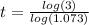 t=\frac{log(3)}{log(1.073)}