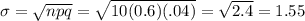 \sigma= \sqrt{npq} = \sqrt{10(0.6)(.04)} = \sqrt{2.4} =1.55