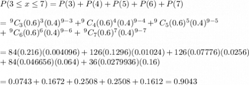 P(3\leq x\leq7)=P(3)+P(4)+P(5)+P(6)+P(7) \\  \\ =\,^9C_3(0.6)^3(0.4)^{9-3}+^9C_4(0.6)^4(0.4)^{9-4}+^9C_5(0.6)^5(0.4)^{9-5}\\+\,^9C_6(0.6)^6(0.4)^{9-6}+\, ^9C_7(0.6)^7(0.4)^{9-7} \\ \\ =84(0.216)(0.004096)+126(0.1296)(0.01024)+126(0.07776)(0.0256)\\+84(0.046656)(0.064)+36(0.0279936)(0.16) \\ \\ =0.0743+0.1672+0.2508+0.2508+0.1612=0.9043