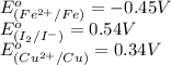 E^o_{(Fe^{2+}/Fe)}=-0.45V\\E^o_{(I_2/I^-)}=0.54V\\E^o_{(Cu^{2+}/Cu)}=0.34V