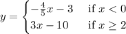 y=\begin{cases}-\frac{4}{5}x-3 & \text{ if } x