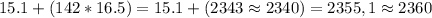 15.1+(142*16.5)=15.1+(2343\approx2340)=2355,1\approx2360