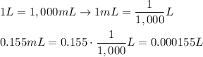 1L=1,000mL\to1mL=\dfrac{1}{1,000}L\\\\0.155mL=0.155\cdot\dfrac{1}{1,000}L=0.000155L