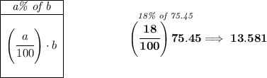 \bf \begin{array}{|c|ll} \cline{1-1} \textit{a\% of b}\\ \cline{1-1} \\ \left( \cfrac{a}{100} \right)\cdot b \\\\ \cline{1-1} \end{array}~\hspace{5em}\stackrel{\textit{18\% of 75.45}}{\left( \cfrac{18}{100} \right)75.45}\implies 13.581