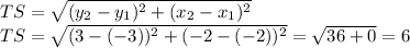 TS=\sqrt{(y_{2}-y_{1} )^{2} +(x_{2}-x_{1}  )^{2} } \\TS=\sqrt{(3-(-3))^{2}+(-2-(-2))^{2}  }=\sqrt{36+0} =6