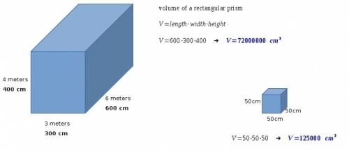 Astorage container at the area is 3 metres wide, 6 meters long and 4 metres high. how many 50cm by 5