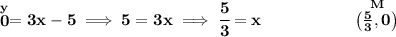 \bf \stackrel{y}{0}=3x-5\implies 5=3x\implies \cfrac{5}{3}=x~\hspace{5em}\stackrel{M}{\left( \frac{5}{3},0 \right)}