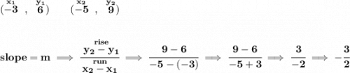 \bf (\stackrel{x_1}{-3}~,~\stackrel{y_1}{6})\qquad (\stackrel{x_2}{-5}~,~\stackrel{y_2}{9}) \\\\\\ slope = m\implies \cfrac{\stackrel{rise}{ y_2- y_1}}{\stackrel{run}{ x_2- x_1}}\implies \cfrac{9-6}{-5-(-3)}\implies \cfrac{9-6}{-5+3}\implies \cfrac{3}{-2}\implies -\cfrac{3}{2}