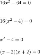16x^2-64=0\\\\\\16(x^2-4)=0\\\\\\x^2-4=0\\\\(x-2)(x+2)=0