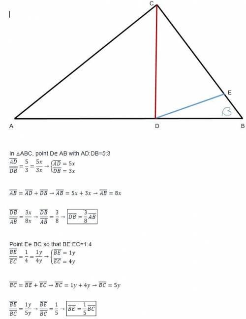 In △abc, point d∈ ab with ad: db=5: 3, point e∈ bc so that be: ec=1: 4. if aabc=40 in2, find aadc, a