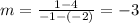 m=\frac{1-4}{-1-\left(-2\right)}=-3