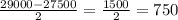 \frac{29000-27500}{2} =\frac{1500}{2} =750