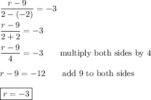 \dfrac{r-9}{2-(-2)}=-3\\\\\dfrac{r-9}{2+2}=-3\\\\\dfrac{r-9}{4}=-3\qquad\text{multiply both sides by 4}\\\\r-9=-12\qquad\text{add 9 to both sides}\\\\\boxed{r=-3}