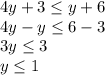 4y+3\leq y+6 \\ 4y-y \leq 6-3 \\ 3y\leq 3\\ y\leq 1